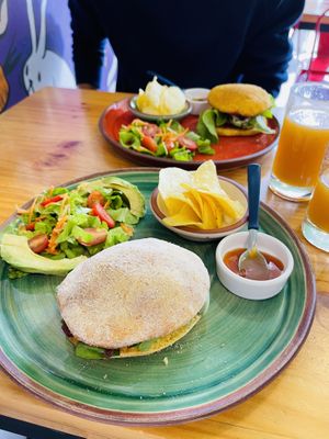 Tofu sandwich and chickpea burger  at Vegano De Altura in Quito