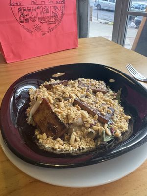 Rice noodles in sauce with tofu  at Vegano De Altura in Quito