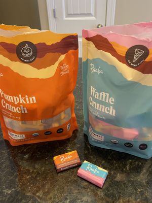Waffle crunch needs more waffle pieces. Pumpkin crunch tastes like dark chocolate with only a hint of pumpkin spice flavoring because the dark chocolate is so strong    at Raaka Chocolate in Brooklyn