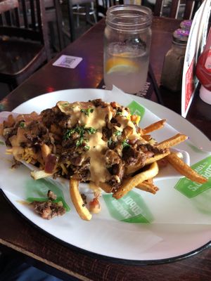 Vegan cheeseburger poutine, small -excellent!!!  at Leopold's Tavern in Regina