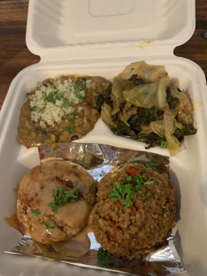 Greens, black eyed peas, crab cake and jambalaya  at I-tal Garden in New Orleans