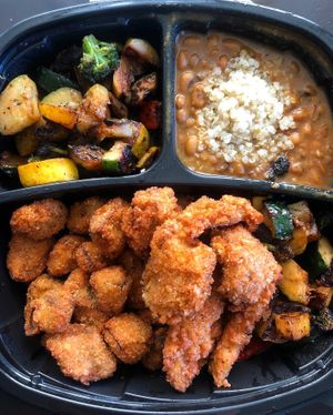 Mixed veggies, black eyed peas, shrimp, oyster mushroom bites.  at I-tal Garden in New Orleans