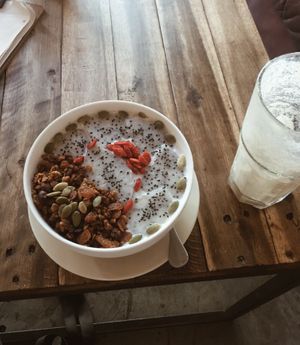 Beautiful White smoothie bowl, very refreshing!  at Bodhi Nava in Yangon