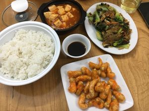 Our second time at this restaurant: Fried shrimp, vermicelli fried, Sichuan tofu and rice  at Thien Phuc in Ha Giang