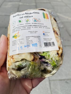 Wrap - lentil balls, salad and sunflower seed spread.   at Veganski Kiosk in Belgrade