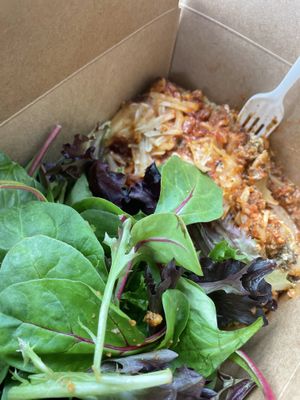 Lasagna and Salad at Wisdom's Vegan Bakery & Cafe in Spring