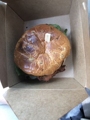 spicy chicken sandwich, so good at Wisdom's Vegan Bakery & Cafe in Spring