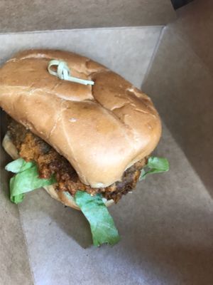 Spicy “Chicken” sandwich. Delicious   at Wisdom's Vegan Bakery & Cafe in Spring