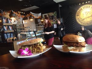 Philly "cheese steak" and chkn sandwich at Wisdom's Vegan Bakery & Cafe in Spring