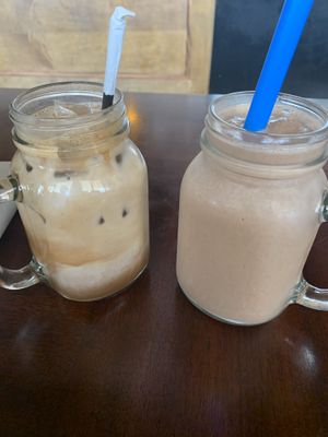 Orange mocha iced latte and coco bliss smoothie ! 😍 at Wisdom's Vegan Bakery & Cafe in Spring