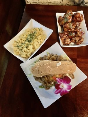 Bbq chicken bites , truffle mac and Philly cheesesteak  at Wisdom's Vegan Bakery & Cafe in Spring