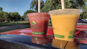 Immune Boost & Peach Passion smoothies (enjoyed at Illinois State Beach) at Healthyums in Zion