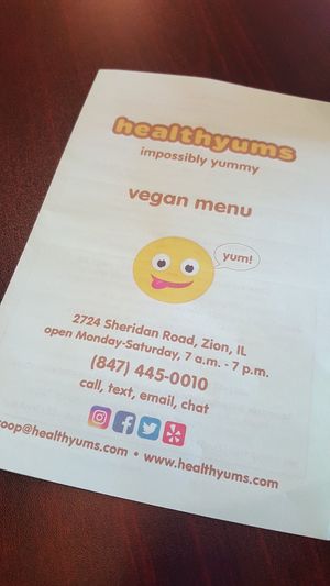 Separate vegan menu. Back page is all breakfast! Including pancakes, waffles & cinnamon rolls at Healthyums in Zion