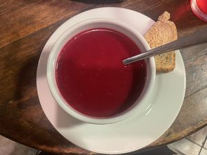 Beetroot soup - menu del día   at Tuna Bistrot in Tena