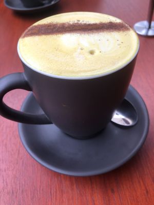 Turmeric latte with Bonsoy at Bateau Beach in Bateau Bay