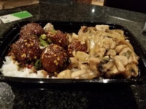 sub bowl, General Mak Style, with falafel subbed in and the mushroom and onions side at MAK in Chicago