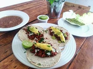 Menú 

Tacos al pastor Vegana, con sus verduras Salsa Verde Vegan's Food, Guacamole en cama de lechuga, y frijoles charros con bebida del día endulzada con piloncillo.

Los esper at Vegan Center in Hermosillo