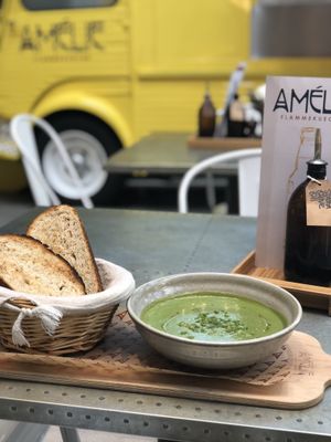 Pea soup at Amelie Restaurant at Amelie Flam-kuche in Cambridge