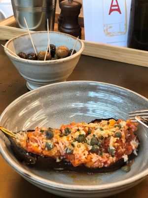 Baked aubergine at Amelie restaurant at Amelie Flam-kuche in Cambridge