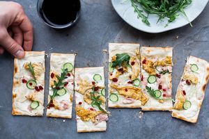 Sharing a flammekueche at Amelie restaurant in Cambridge at Amelie Flam-kuche in Cambridge