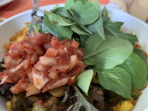 Leftovers at home! The food warms up great; I just added greens. at Taste of India in Bloomington