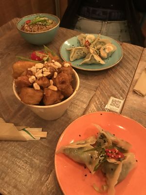 Noodles, dumplings and tempura aubergine  at Ugly Dumpling in London