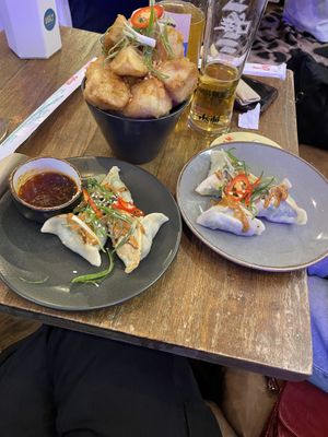 Dumplings & eggplant tempura   at Ugly Dumpling in London