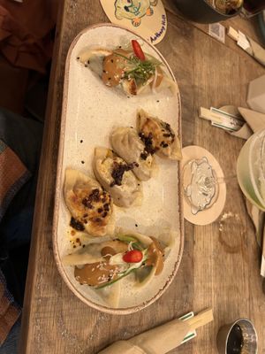 Vegan dumpling platter (4 of each of the vegan dumplings, 8 total)  at Ugly Dumpling in London