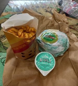 Vegan love burger, Fries and aioli sauce at LEON in North London