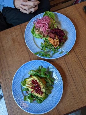 Avocado smorrebrod and potato smorrebrod were our absolute favorites, the beetroot smorrebrod was good super good too though at Din Nye Ven in Copenhagen