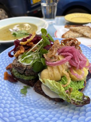 Vegan soup of the day, potato/pea sandwich, nut/mushroom loaf sandwich   at Din Nye Ven in Copenhagen