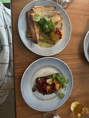 Hummus and rye bread with mushrooms and pickled onions  at Din Nye Ven in Copenhagen