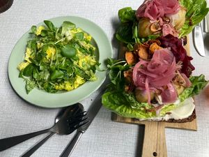 Smørrebrød and salad  at Din Nye Ven in Copenhagen