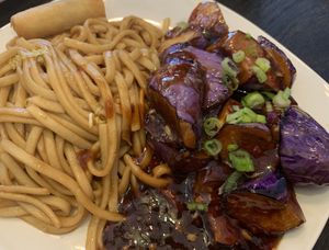 Garlic eggplant with noodles & a vegan spring roll! A favorite meal 🍆🥣🌱  at Best Taste in Bloomington