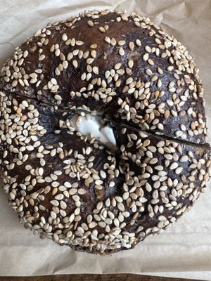 Black Russian with stockeld scallion  at Bo's Bagels in New York City