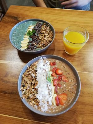Spirulina Queen and Chocolate Bliss Smoothie Bowls at Radiantly Alive Yoga Cafe in Ubud