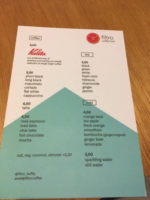 Drinks menu at filtro in The Hague