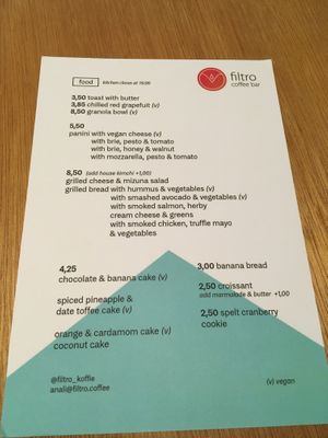 Food menu at filtro in The Hague