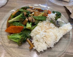 Chinese veggies and rice, played it at home  at Dragon Express in Bloomington