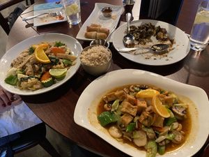 Brussels sprouts and almond appetizer was great. Vegan spring rolls were fair. Entrees tasty. And the serve brown rice    at Rice in Eagle