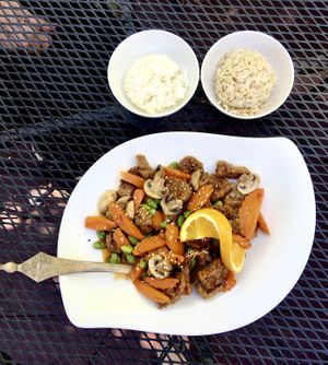 Vegan menu item with seitan  at Rice in Eagle