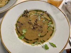 Todays soup: carrots, potatoes and chickpeas!   at Bistro Tendresse in Montreal