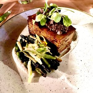 Pavé with truffle cream, mushrooms, grilled asparagus    at Bistro Tendresse in Montreal