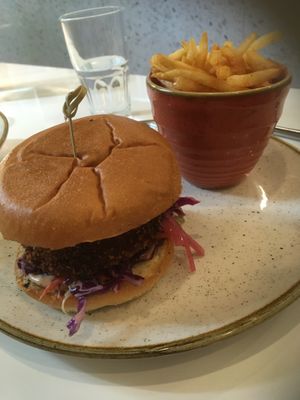 Eggplant burger with fries at Bistro Tendresse in Montreal