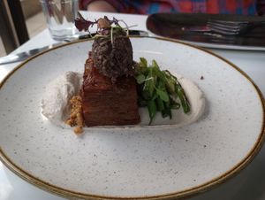 Paté (thin sliced potatoes, lentil, cashew cream, green beans) at Bistro Tendresse in Montreal