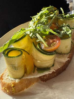 Zucchini toast closeup   at Bistro Tendresse in Montreal