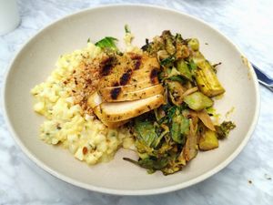 Grilled tofu, asparagus and potatoes at Flower Child in Washington