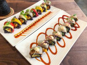 Roasted Onion roll & Rainbow Roll at Beji Sushi in Agoura Hills