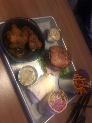 Cauliflower wings, onion burger and kebab roll😍 at Dirty Vegan in Stockholm