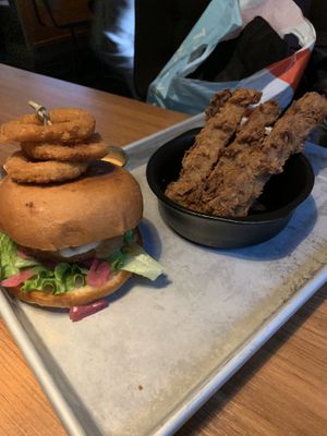 3 onions burger, chicken strips at Dirty Vegan in Stockholm